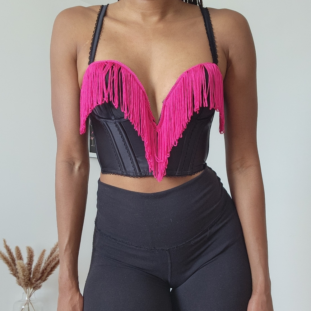 La SENZA Black and Pink Fringe corset busier